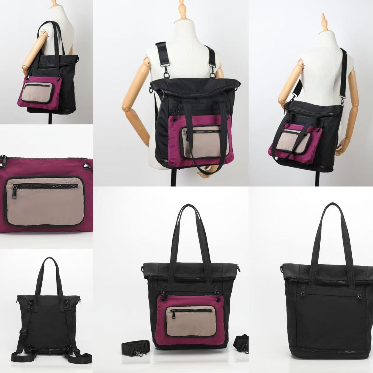 Multifunctional bag with black, purple, and beige compartments on a white background