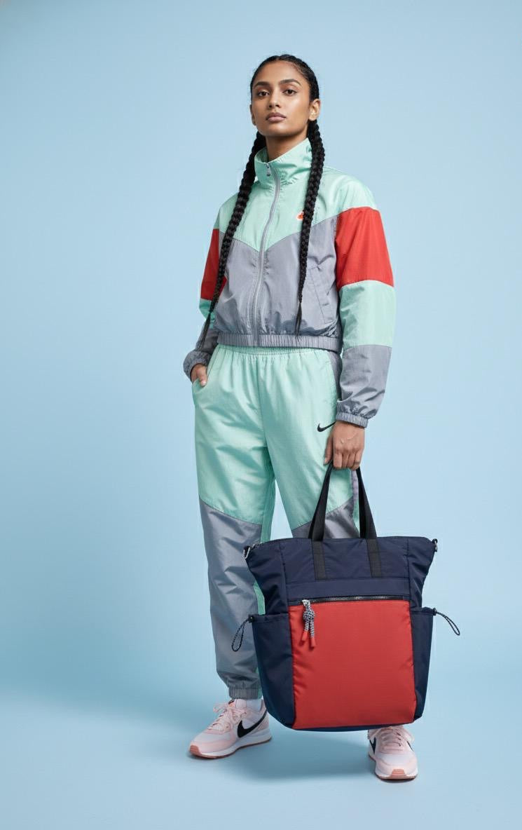 Person wearing a Nike tracksuit with a colorful bag on a light blue background