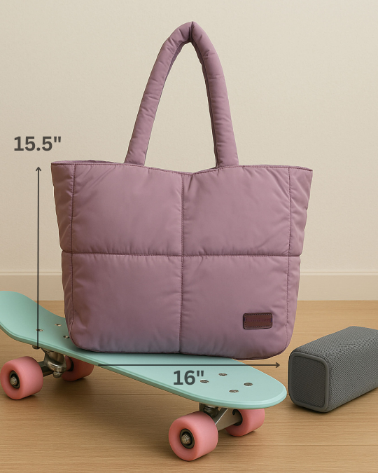 Purple quilted tote bag on a skateboard with measurements indicated, next to a gray speaker.