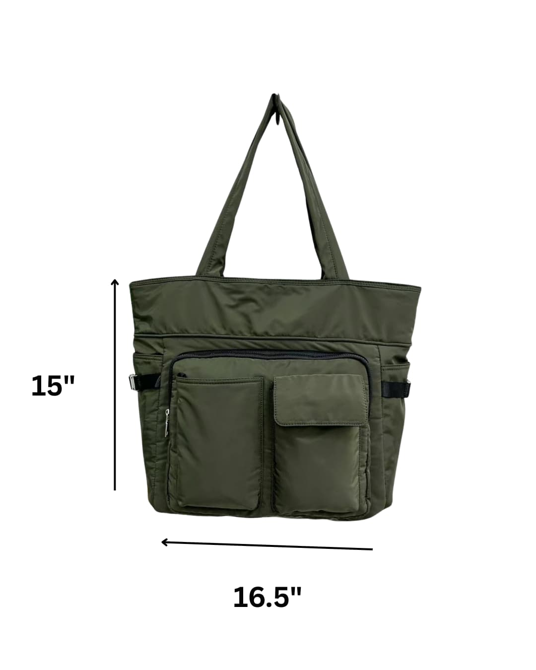 Green tote bag with dimensions indicated on a white background travel tote bag for women and men travel tote bag, streetwear tote bag, travel bags, spacious tote bags, trending bags,