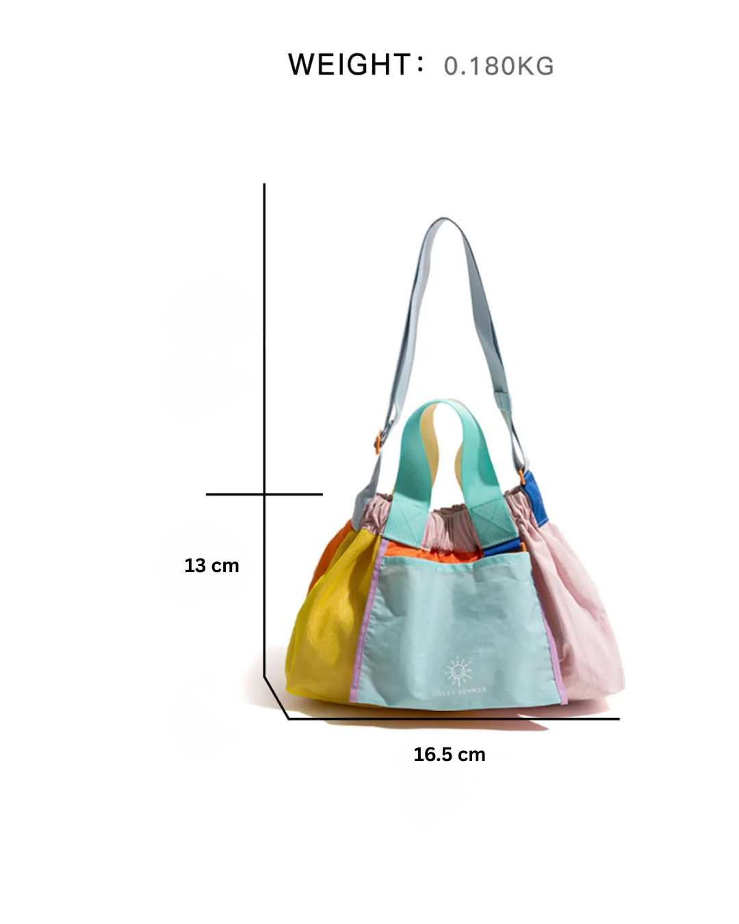 Multicolored bag with measurements and weight displayed on a white background