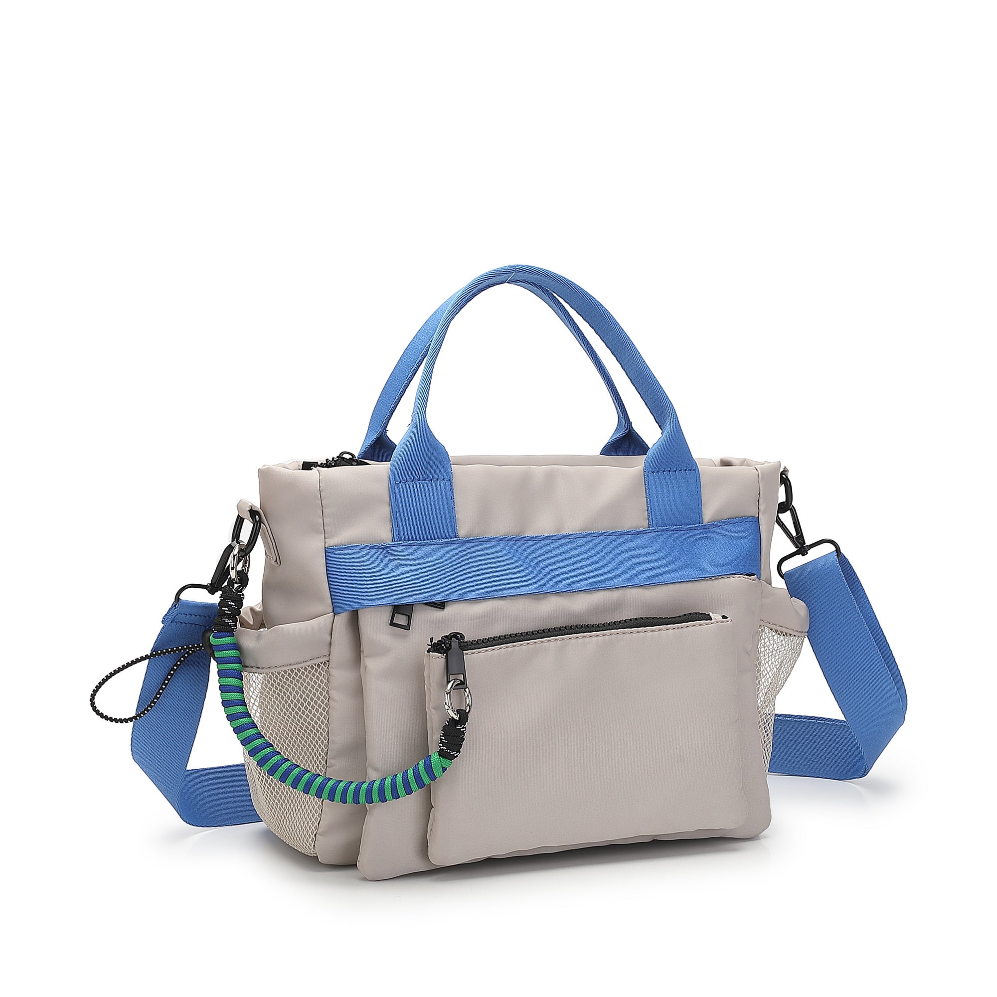 Gray handbag with blue straps on a white background