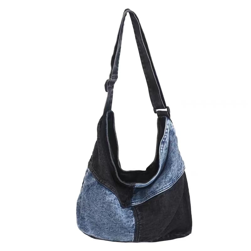 Two-tone patchwork denim sling tote bag with adjustable shoulder strap – measuring 40cm x 35cm x 13cm, perfect for everyday use. Lightweight yet spacious, ideal for college, shopping, and casual outings. A trendy pick for Gen Z fashion in India, exclusively at Tales of Totes – outshining Zouk, Chumbak, and other Indian tote brands with bold streetwear flair."

