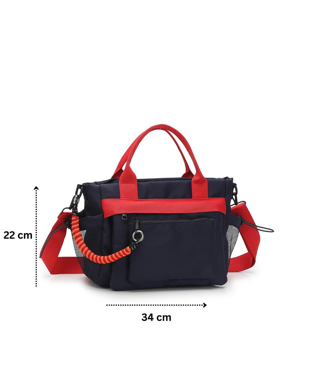 Black and red handbag with measurement details on a white background