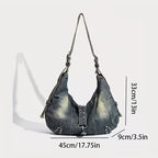 Gray shoulder bag with measurements on a white background