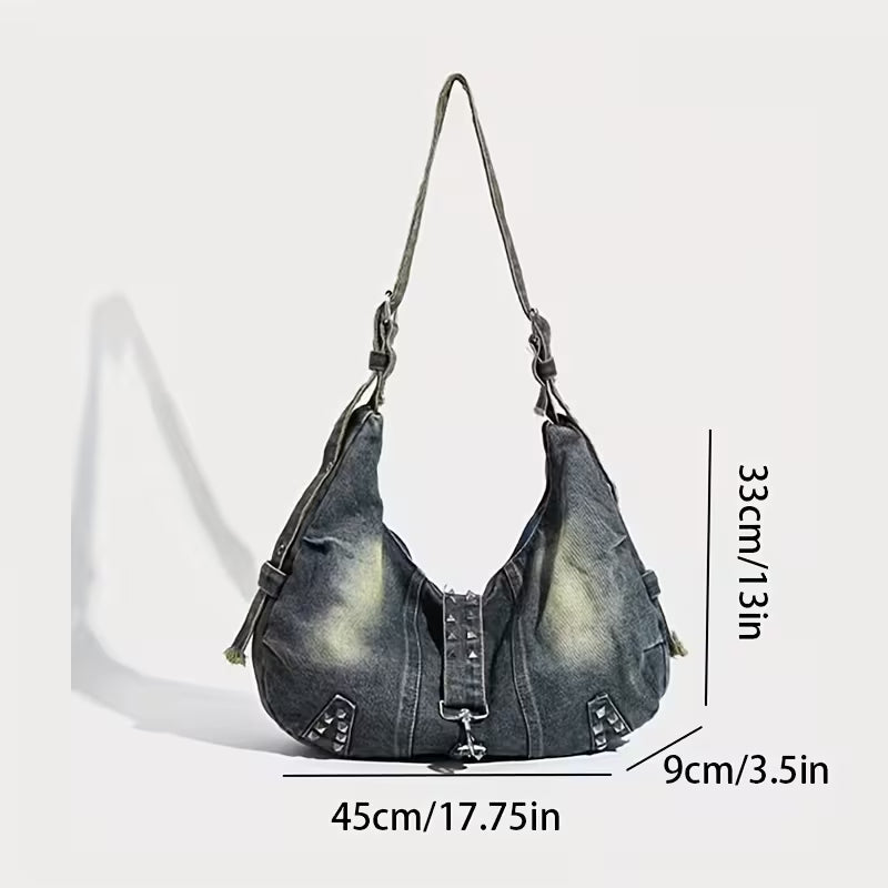 Gray shoulder bag with measurements on a white background