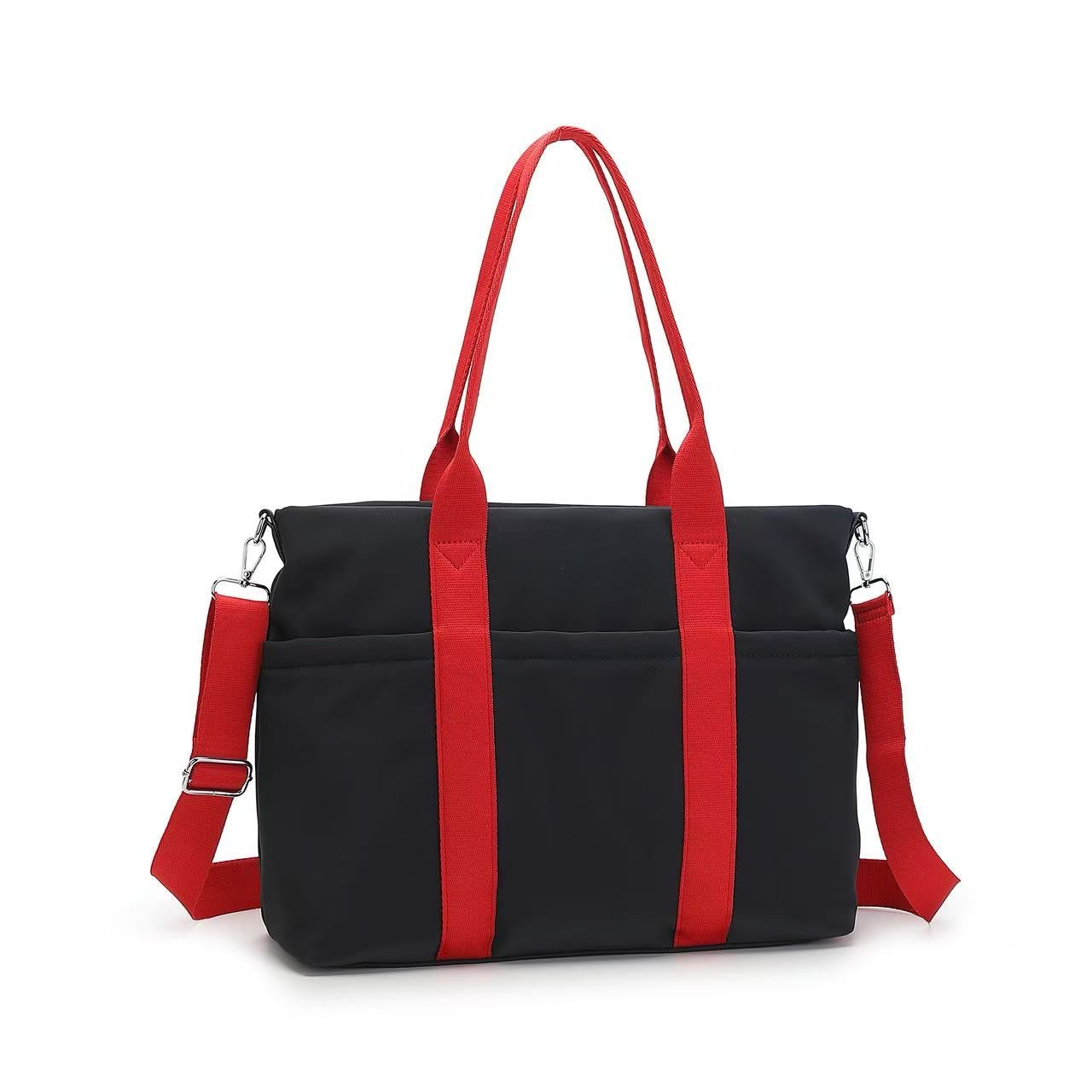 Black handbag with red straps on a white background