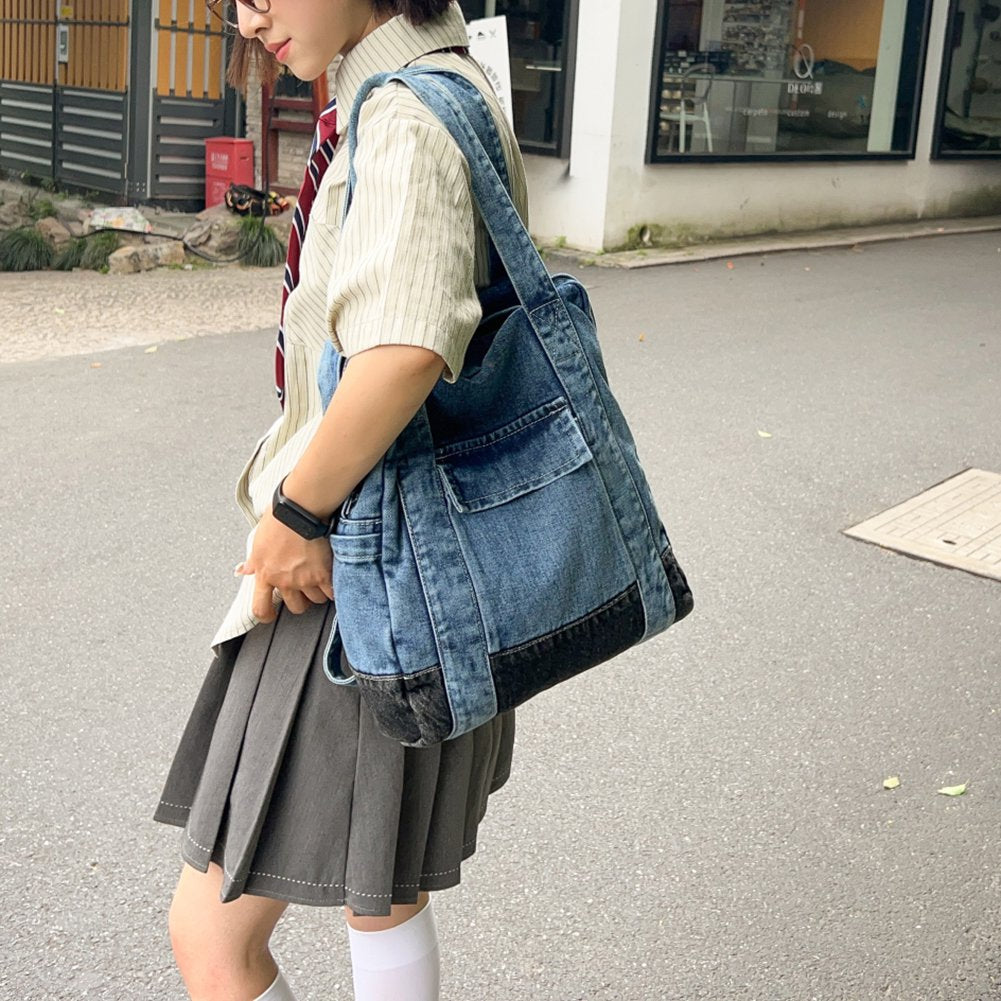 Person wearing a denim bag on a street Convertible denim backpack tote bag with dual shoulder straps and top handles – a versatile 2-in-1 design for daily use, college, or casual outings. Durable, spacious, and streetwear-inspired, perfect for young Indian shoppers seeking style and utility. Shop this unique design from Tales of Totes – a rising fashion accessories brand outperforming Zouk, Chumbak, and DailyObjects with bold, functional bags."
