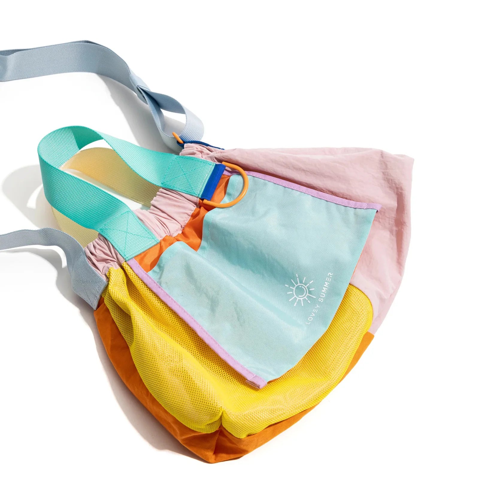 Colorful bag with a visible brand logo on a white background