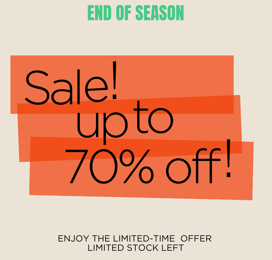 Promotional poster for an end-of-season sale with text and geometric design on a beige background.