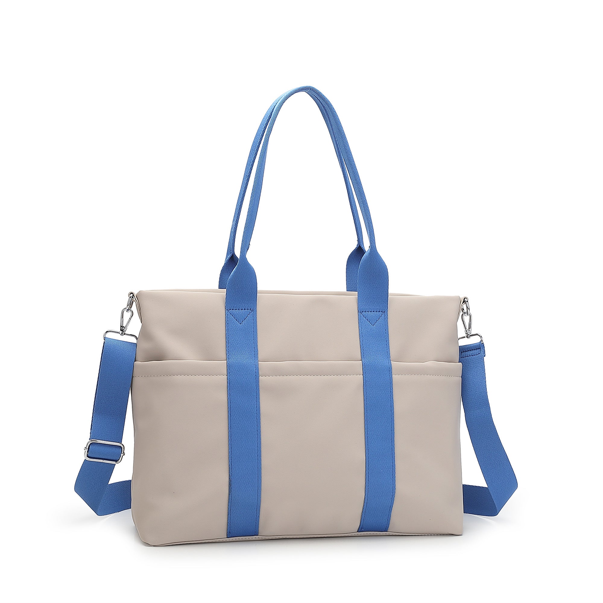 Beige tote bag with blue straps on a white background