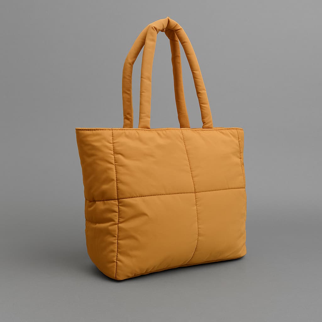 Quilted puffer tote bag with padded handles and a soft structured silhouette – lightweight, stylish, and perfect for daily use, college, travel, or shopping. Designed for comfort and statement appeal, this spacious carryall from Tales of Totes is a trendy alternative to Zouk, Lavie, and DailyObjects in India’s fashion accessories market."