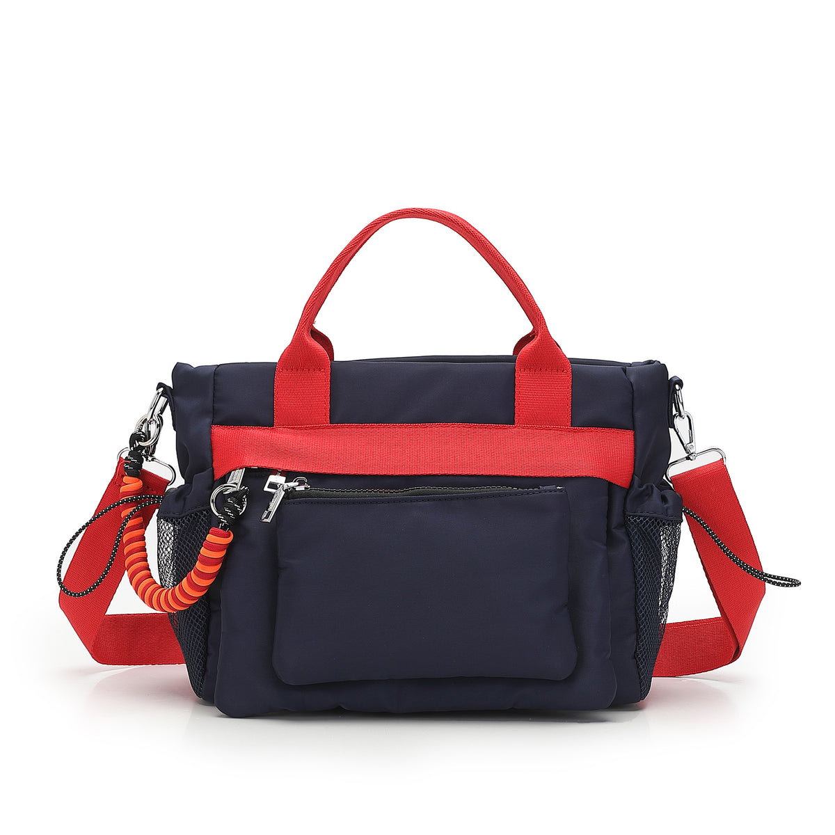 Navy and red handbag with a detachable strap on a white background