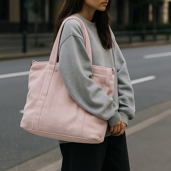 Trendy corduroy tote bag with dual handles and adjustable crossbody strap – soft-textured, oversized, and perfect for college, shopping, or everyday carry. Lightweight yet spacious, offering a casual streetwear aesthetic. A fashionable alternative from Tales of Totes – elevating Indian accessory trends beyond Zouk, Chumbak, and DailyObjects."

