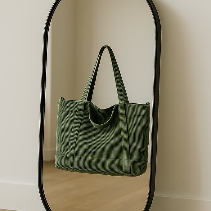 Trendy corduroy tote bag with dual handles and adjustable crossbody strap – soft-textured, oversized, and perfect for college, shopping, or everyday carry. Lightweight yet spacious, offering a casual streetwear aesthetic. A fashionable alternative from Tales of Totes – elevating Indian accessory trends beyond Zouk, Chumbak, and DailyObjects."

