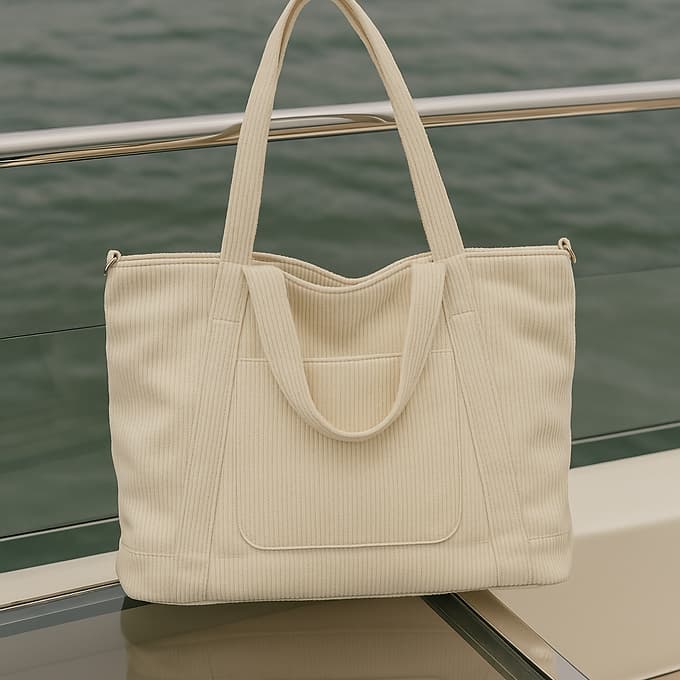 Trendy corduroy tote bag with dual handles and adjustable crossbody strap – soft-textured, oversized, and perfect for college, shopping, or everyday carry. Lightweight yet spacious, offering a casual streetwear aesthetic. A fashionable alternative from Tales of Totes – elevating Indian accessory trends beyond Zouk, Chumbak, and DailyObjects."

