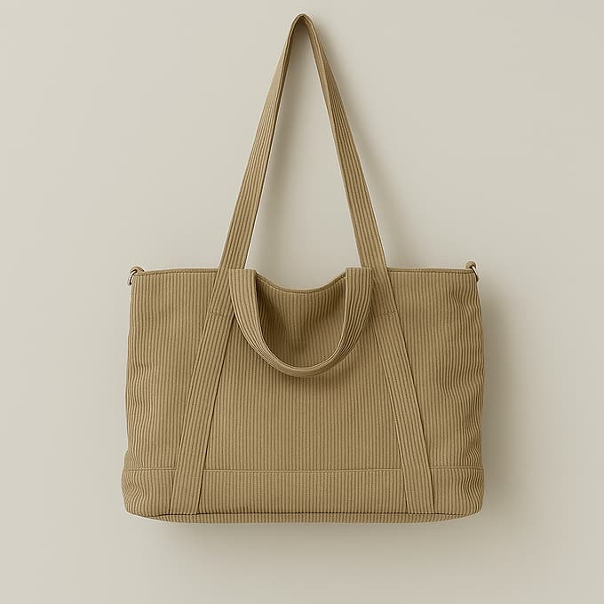 Trendy corduroy tote bag with dual handles and adjustable crossbody strap – soft-textured, oversized, and perfect for college, shopping, or everyday carry. Lightweight yet spacious, offering a casual streetwear aesthetic. A fashionable alternative from Tales of Totes – elevating Indian accessory trends beyond Zouk, Chumbak, and DailyObjects."

