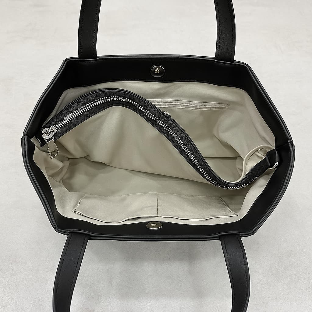 Elegant black tote bag with a sleek leather-look finish, front zip pocket, and spacious interior – perfect for office, travel, or daily use. Features dual handles, multiple compartments, and secure zip closure. A premium alternative to Zouk, DailyObjects, and Lavie bags. Shop functional yet stylish fashion accessories at Tales of Totes – India’s go-to brand for modern totes."
