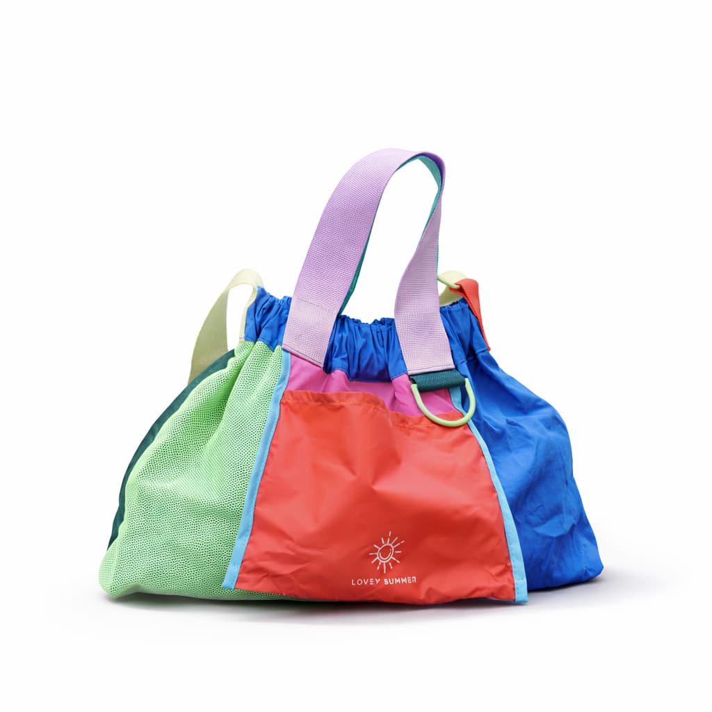 Colorful tote bag with a visible brand logo on a white background