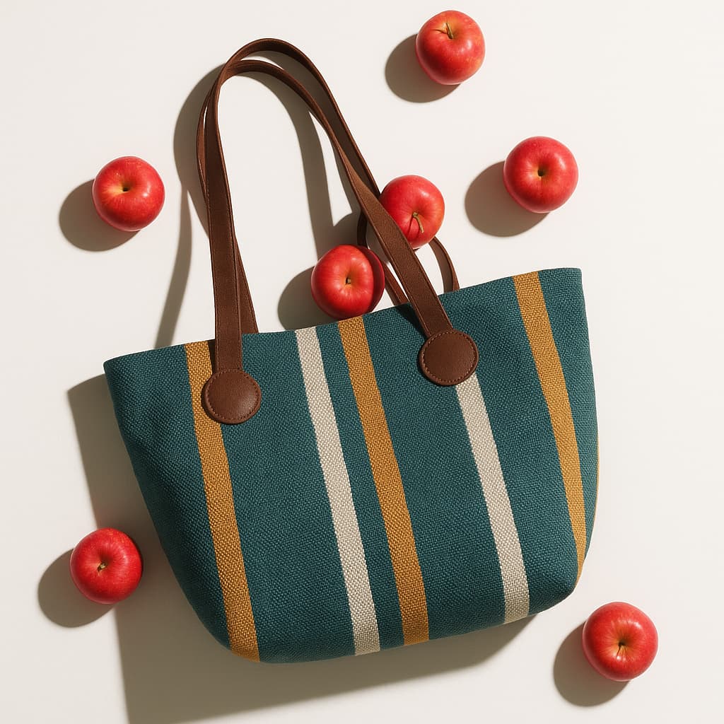 Striped tote bag with brown handles surrounded by red apples on a light background Stylish striped jute tote bag with earthy yellow and beige tones, featuring long brown shoulder straps and circular leather-look accents. Lightweight, eco-conscious, and perfect for daily use, shopping, or office carry. A trendy, sustainable option from Tales of Totes – designed to stand out among Indian tote brands like Chumbak, Baggit, and Zouk."