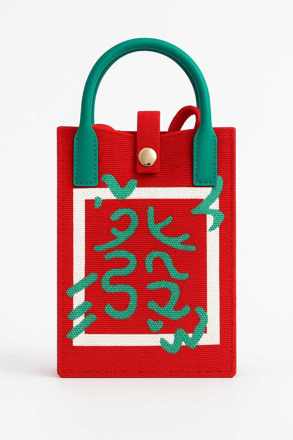 Red bag with green handles and decorative elements on a white background Handmade knitted sling bag with top handle and button closure, similar to products from Zouk, Chumbak, DailyObjects, The Souled Store, and India Circus, ideal for casual and everyday use.
