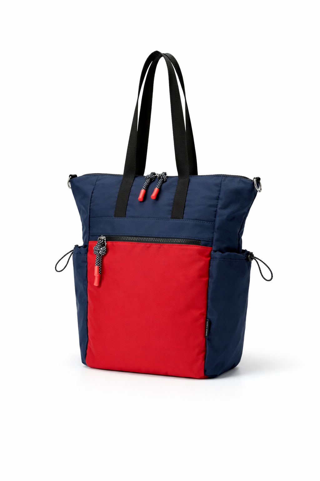 Blue and red tote bag with black handles on a white background