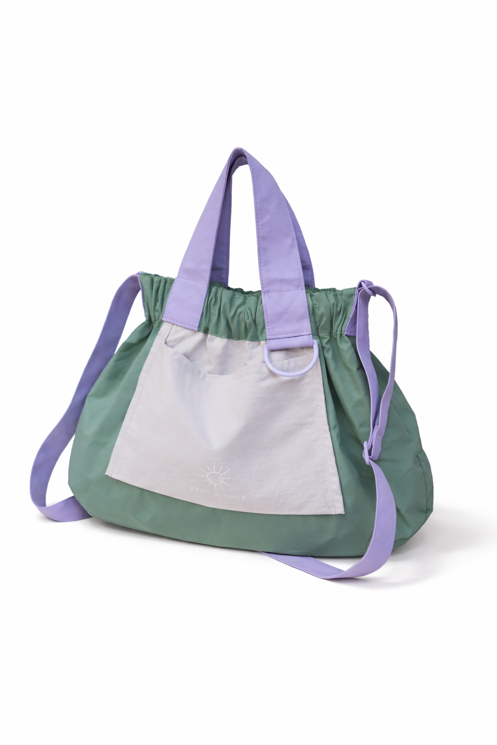 Green and gray tote bag with purple straps on a white background