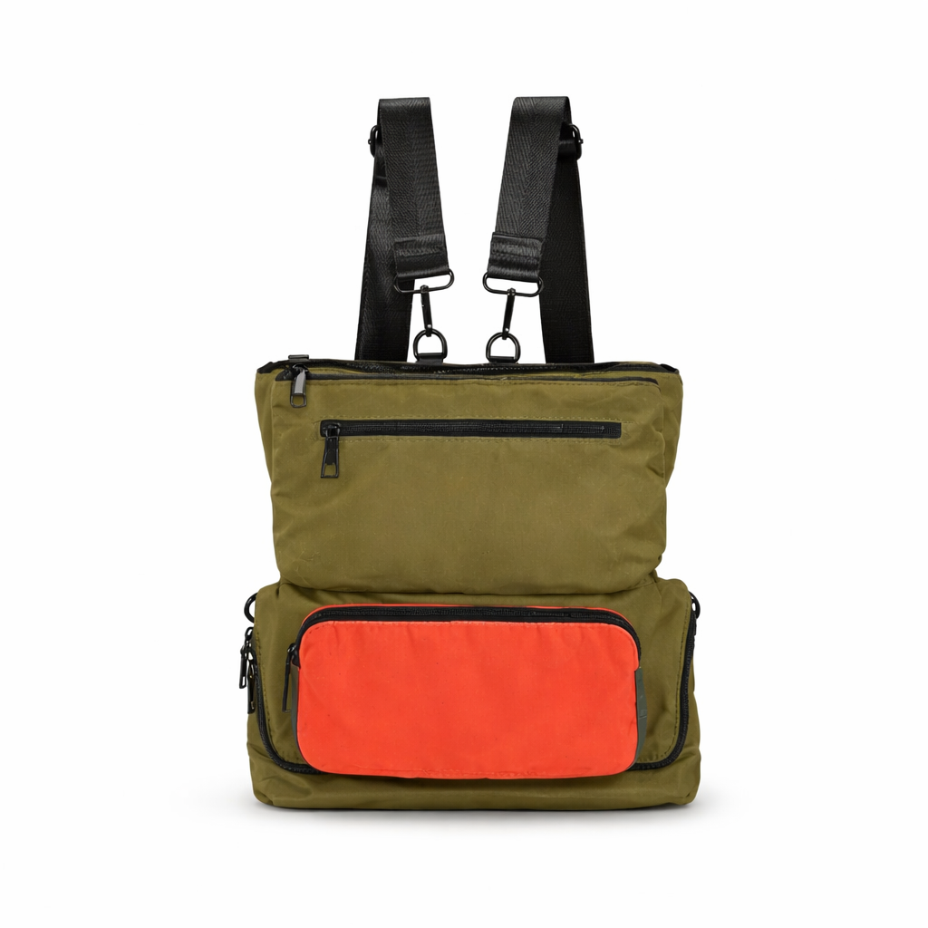 Green backpack with a red pocket on a white background