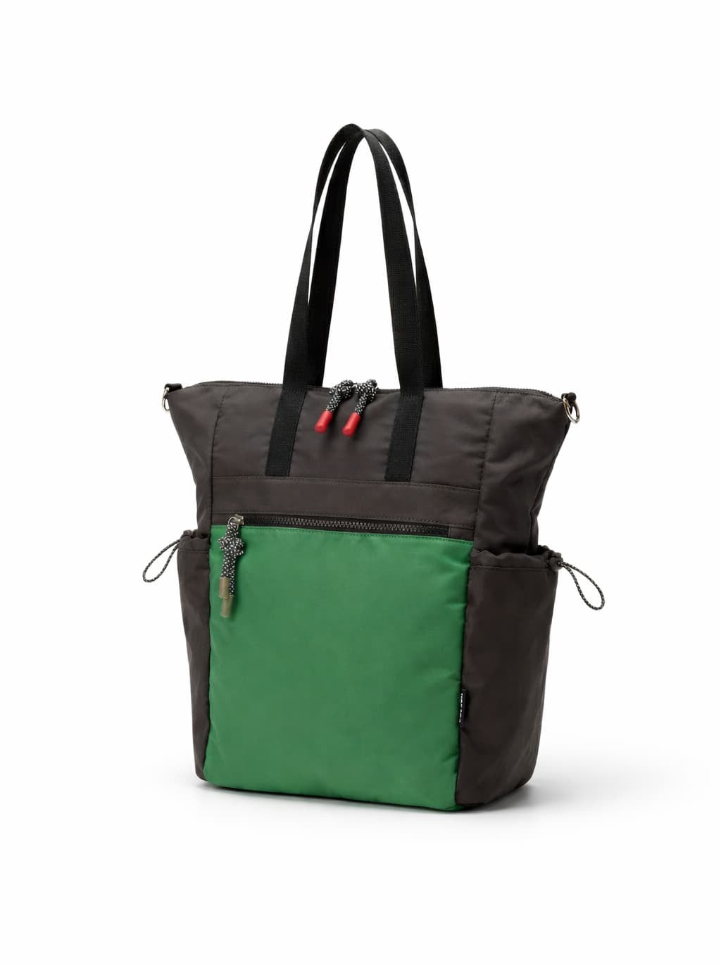 Black and green tote bag with multiple compartments on a white background