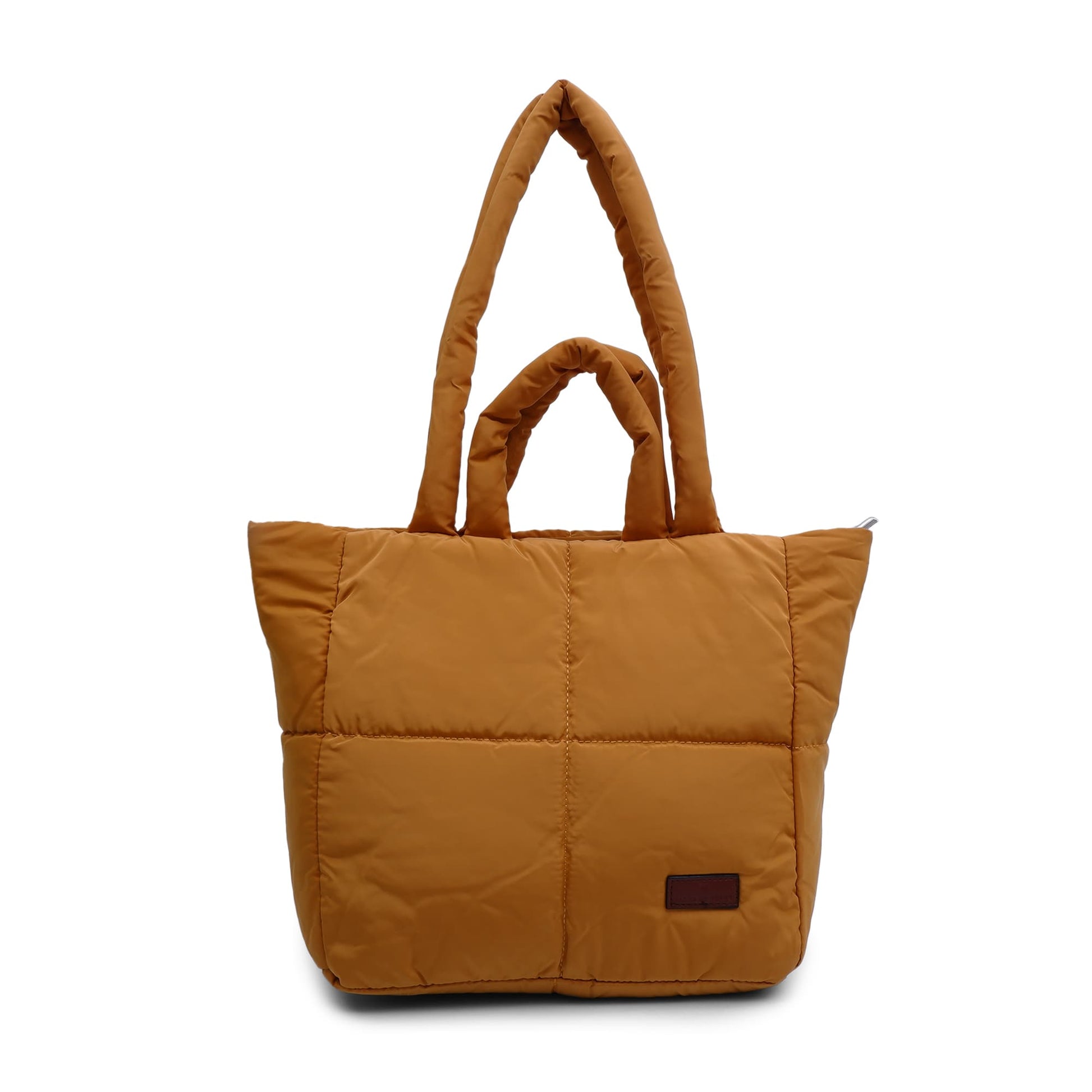 yellow quilted tote bag on a white background "Minimalist shoulder bag with a structured silhouette, single top strap, and attached tag detail – designed for effortless everyday style. Compact yet spacious enough for daily essentials, perfect for work, brunch, or casual wear. A premium fashion accessory from Tales of Totes, ideal for Indian shoppers seeking elegant, functional handbags beyond standard tote designs."
