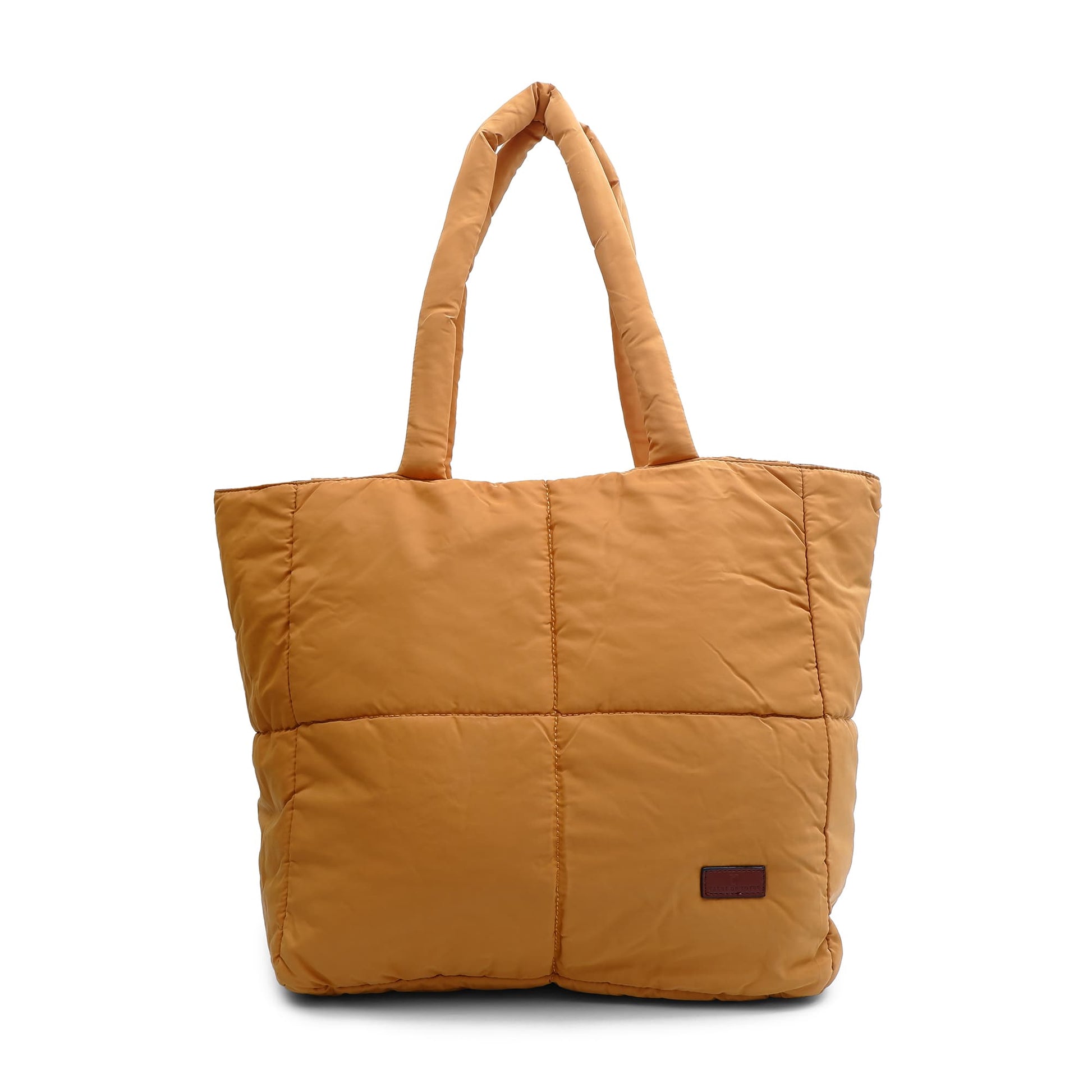 yellow quilted tote bag with a visible brand label on a white background xQuilted puffer tote bag with padded handles and a soft structured silhouette – lightweight, stylish, and perfect for daily use, college, travel, or shopping. Designed for comfort and statement appeal, this spacious carryall from Tales of Totes is a trendy alternative to Zouk, Lavie, and DailyObjects in India’s fashion accessories market."