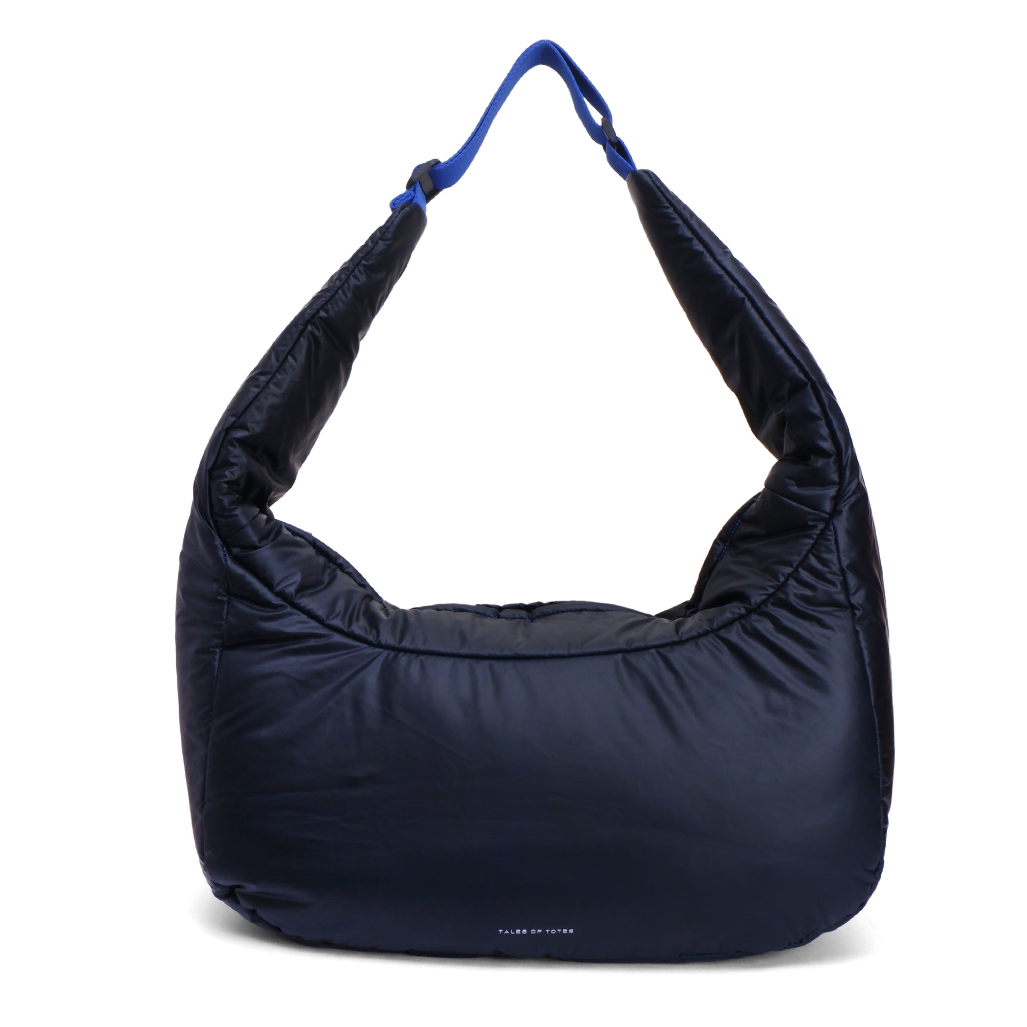 Navy blue handbag with a blue strap on a white background