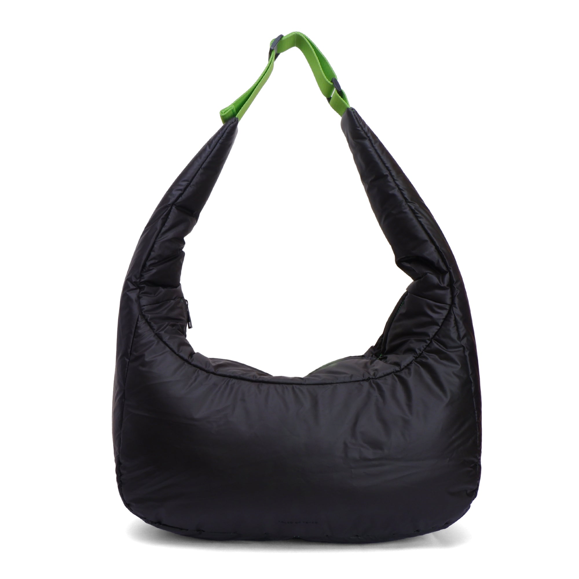Black shoulder bag with a green handle on a white background