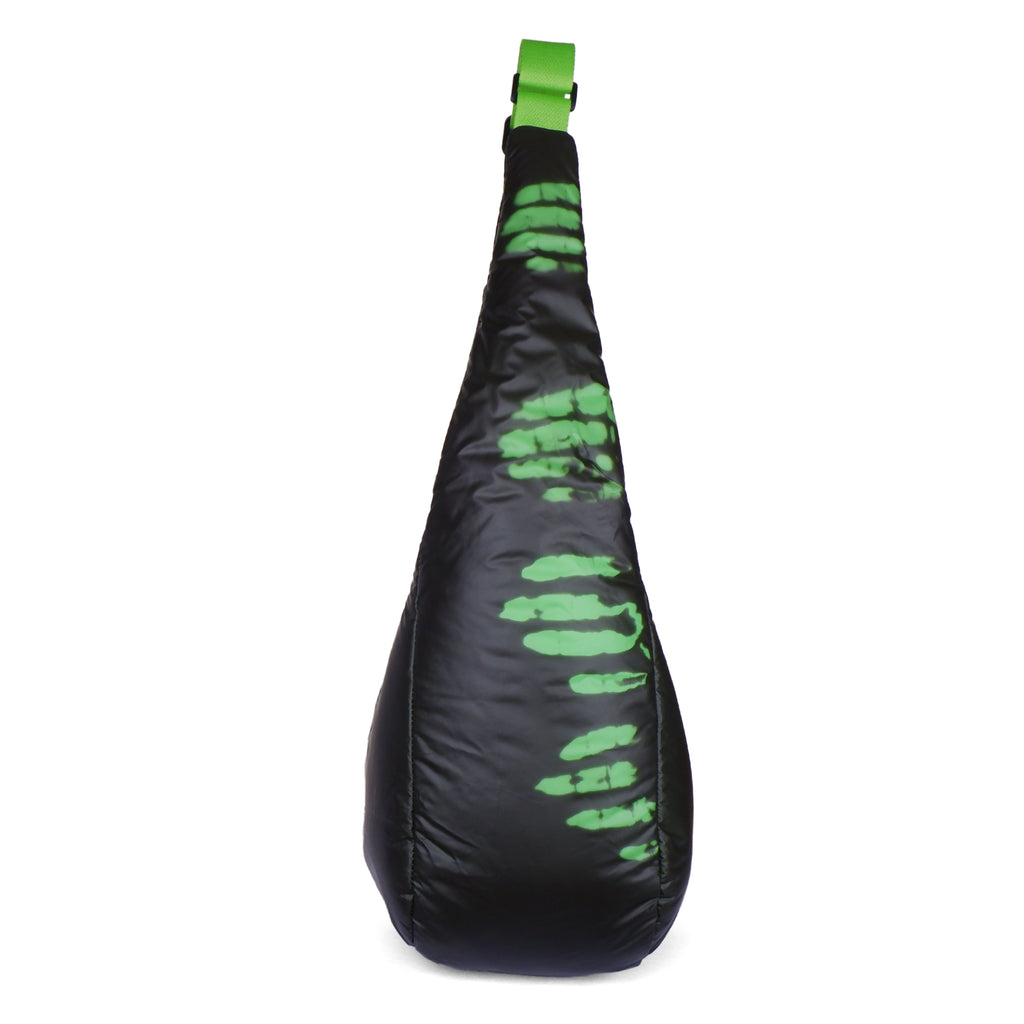 Black sling bag with green skeleton design on a white background