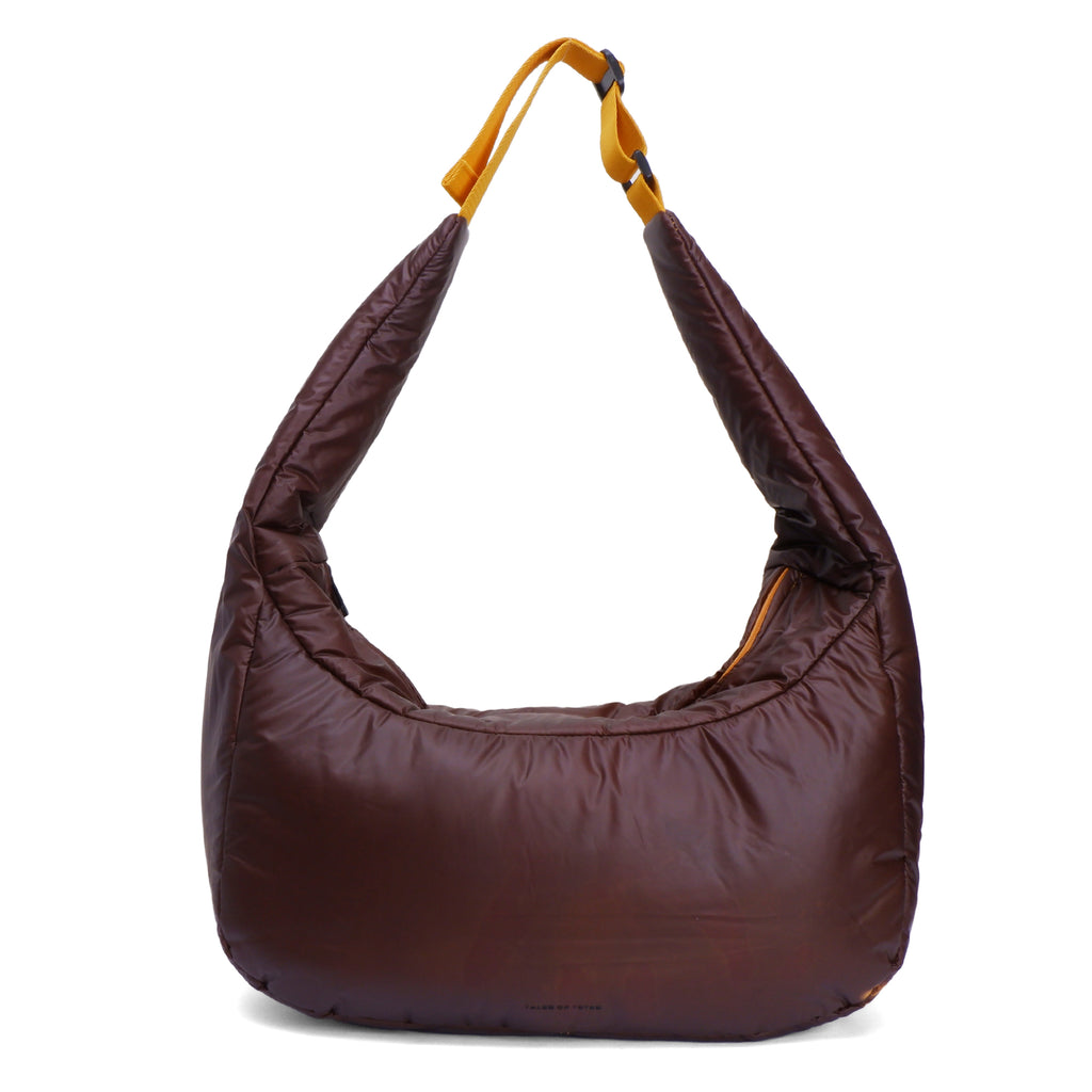 Brown shoulder bag with yellow strap on a white background