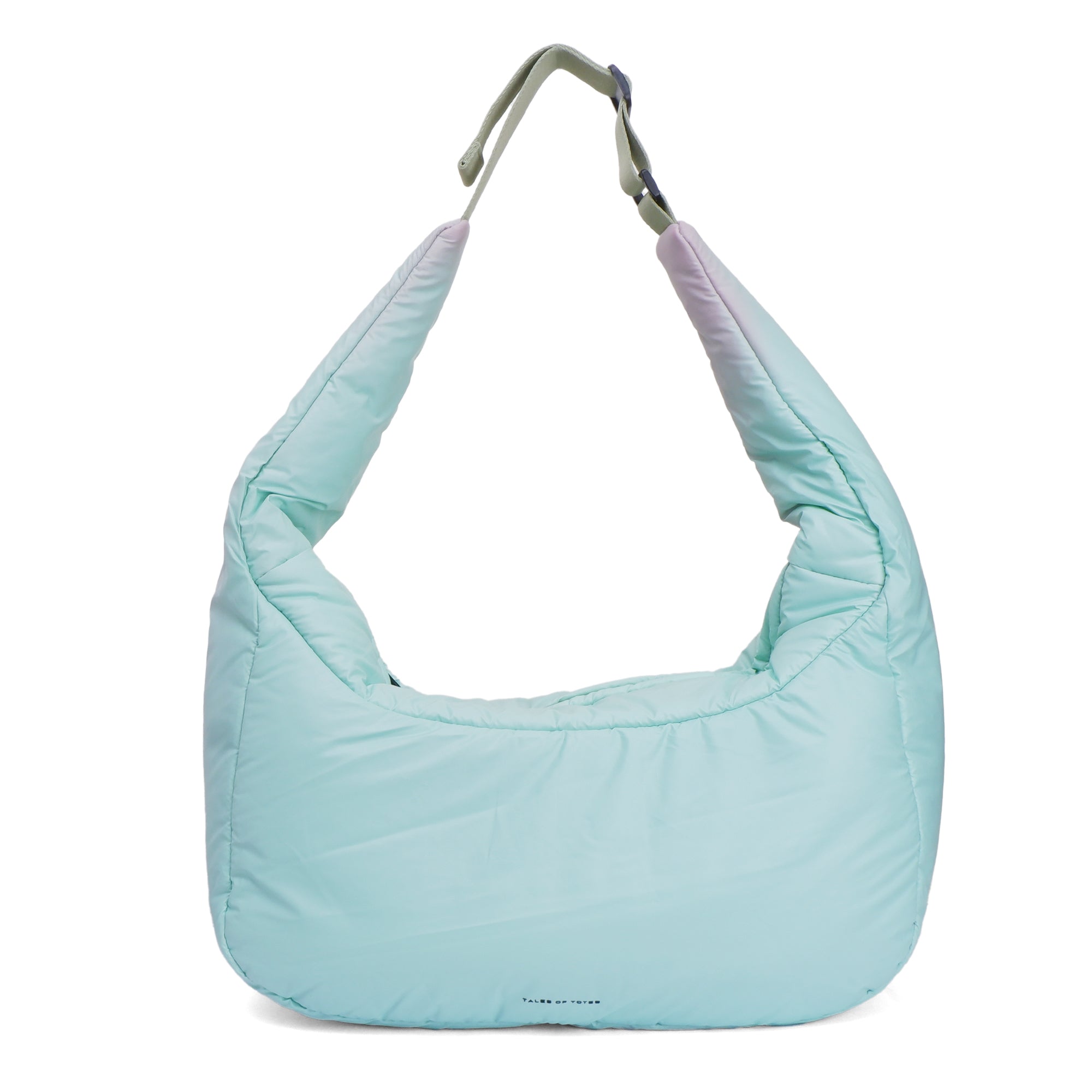 Light blue quilted handbag on a white background