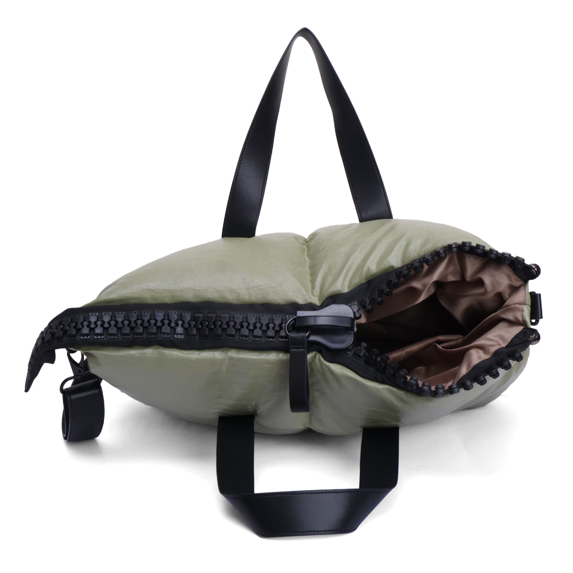 Green sleeping bag with black zipper and straps on a white background