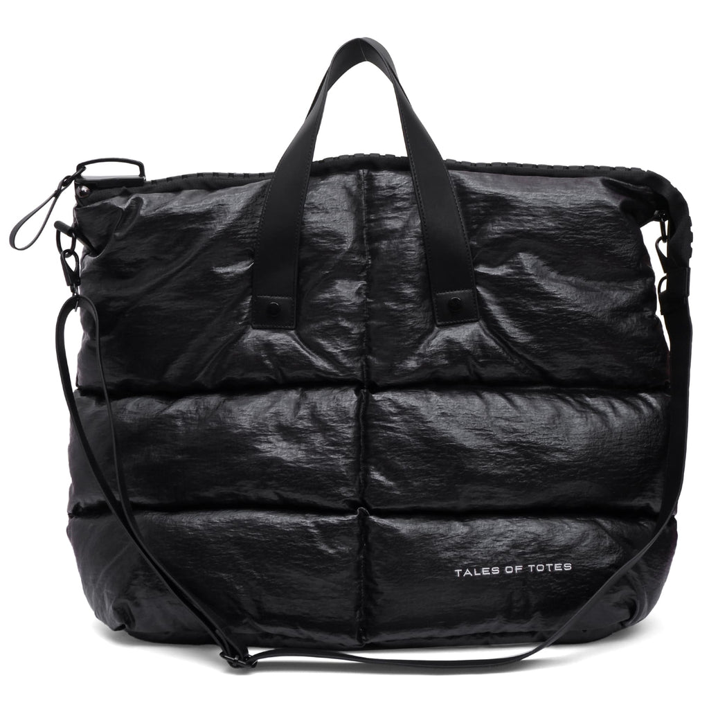 Black quilted duffel bag with shoulder strap on a white background