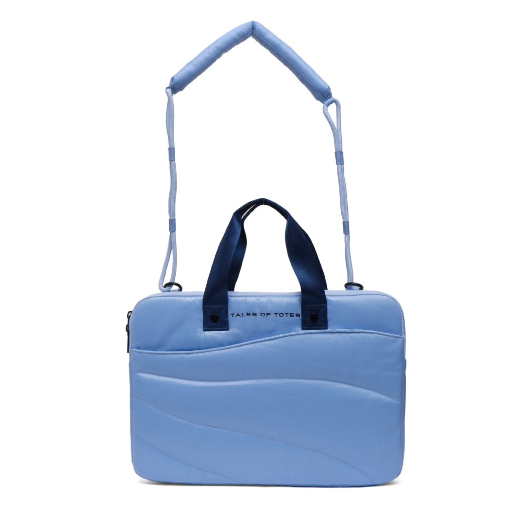 Blue laptop bag with a strap on a white background