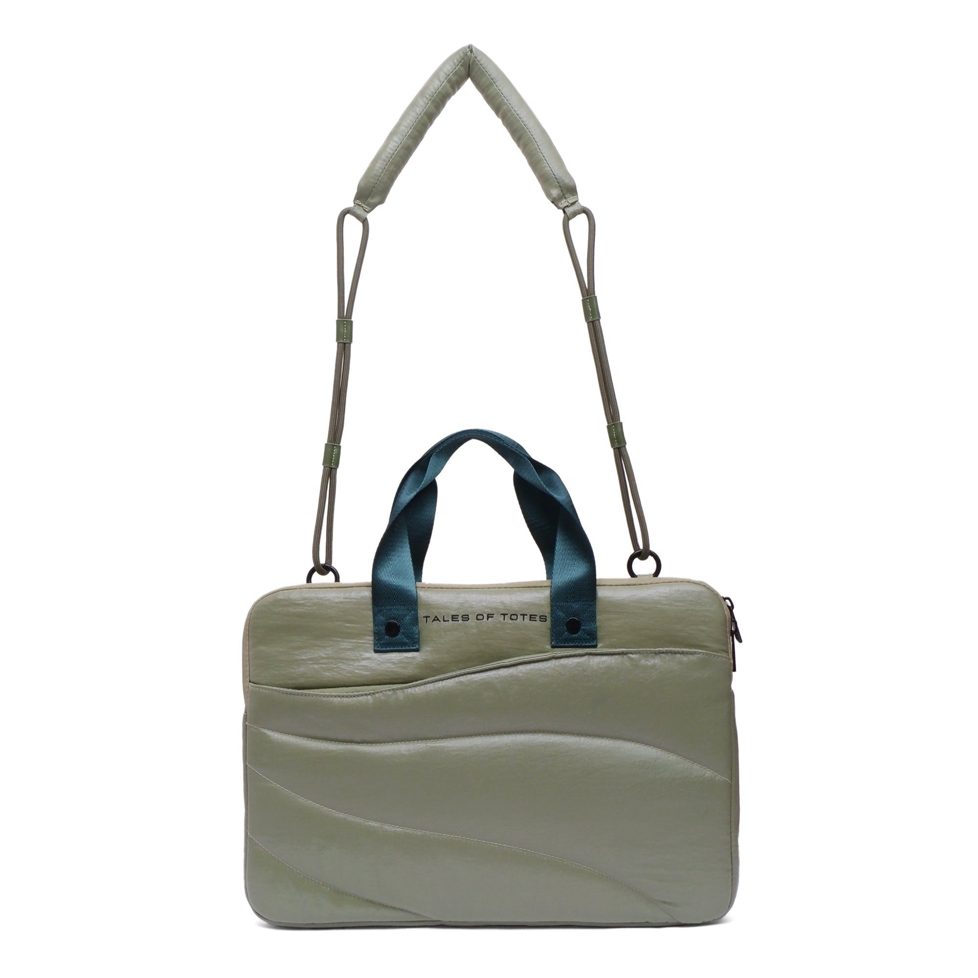 Light green handbag with a blue handle on a white background