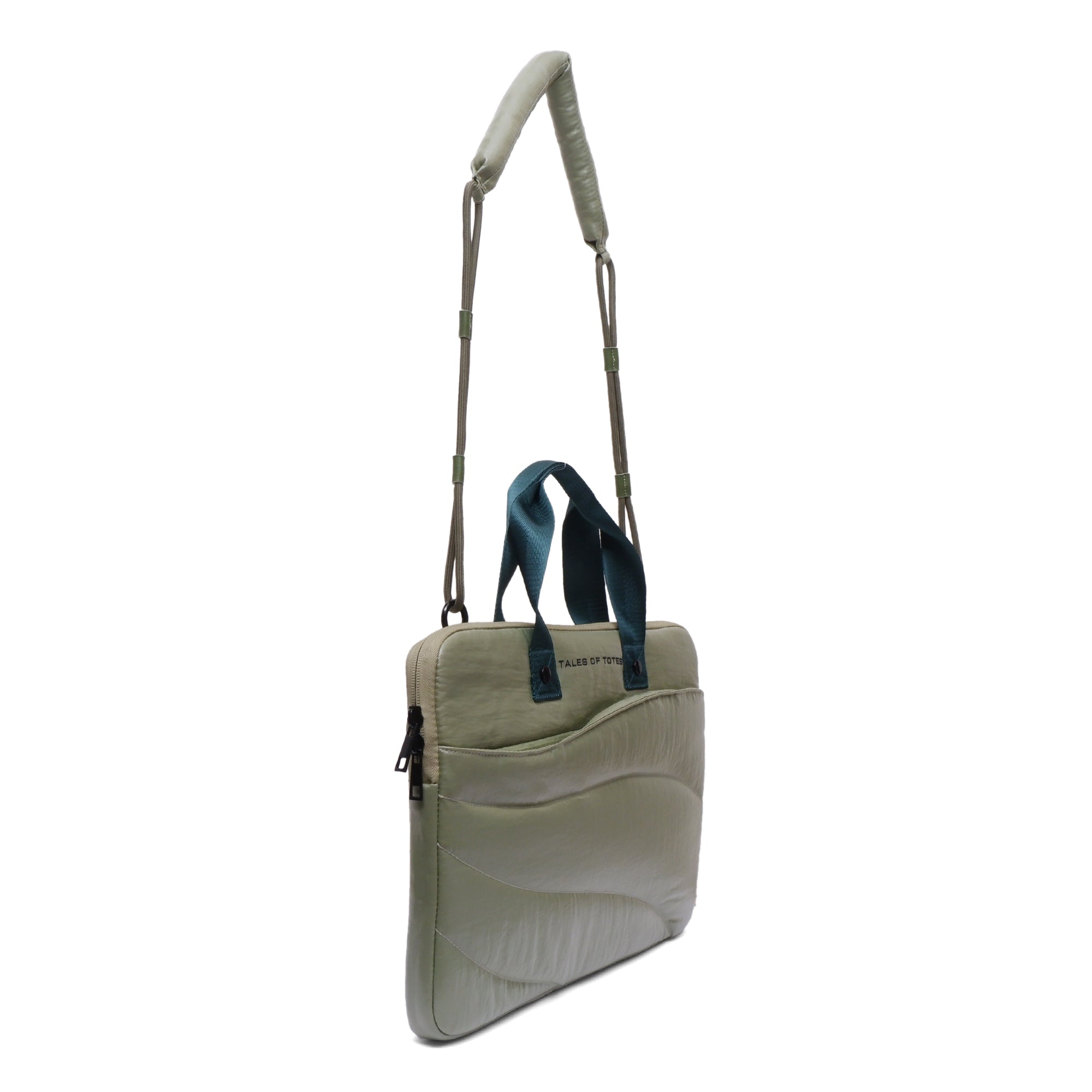 Light gray crossbody bag with a shoulder strap on a white background