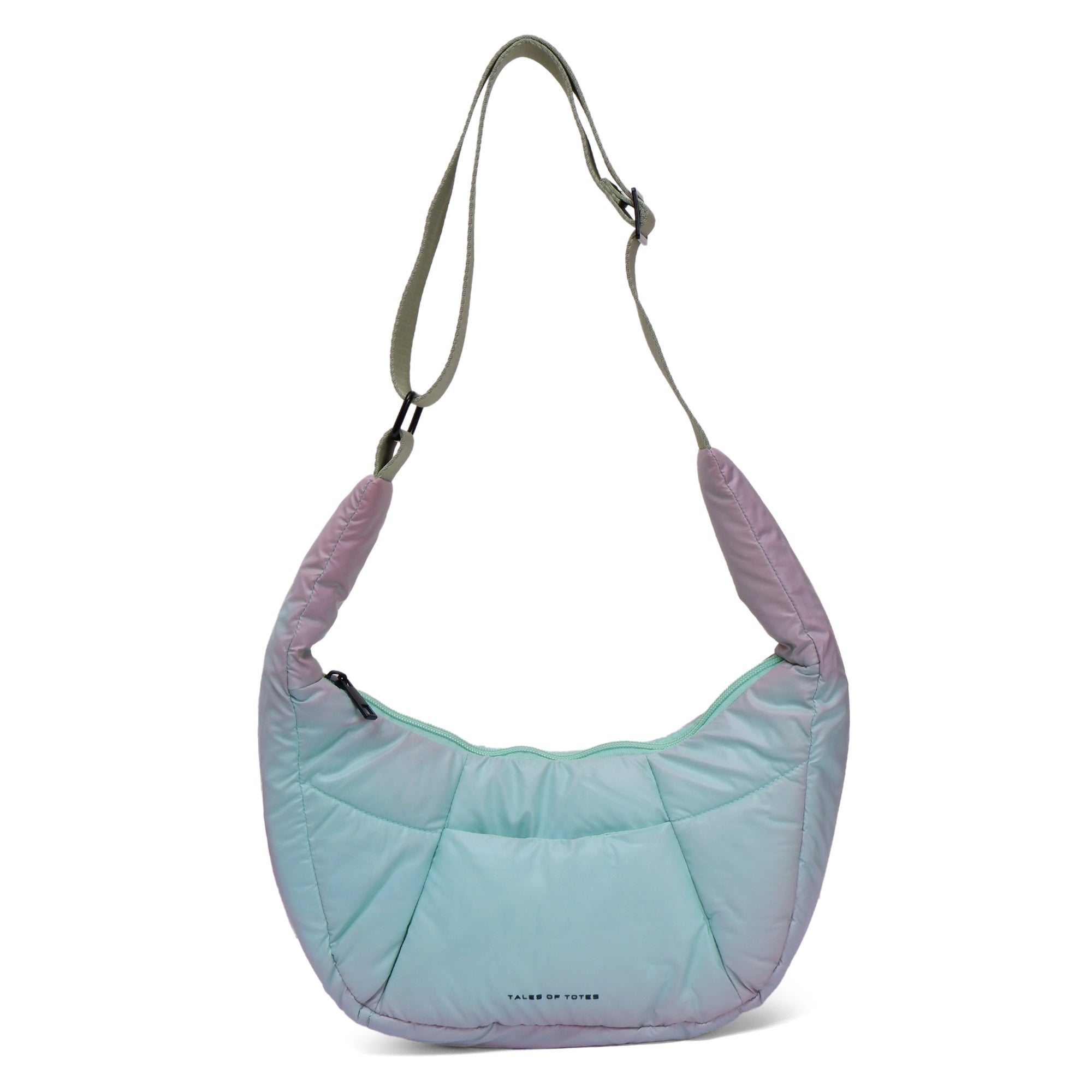 Light blue and purple quilted handbag on a white background