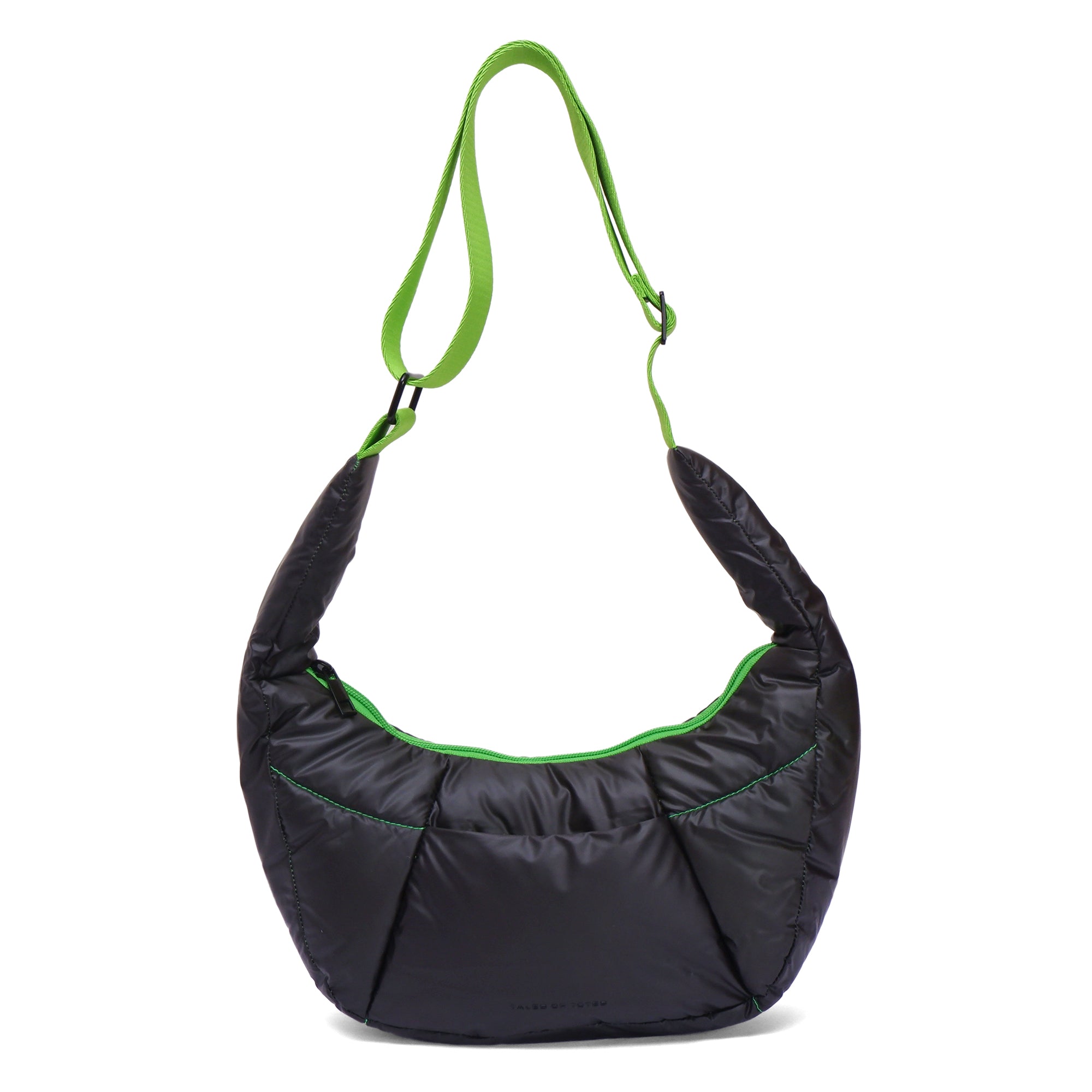 Black shoulder bag with green accents on a white background