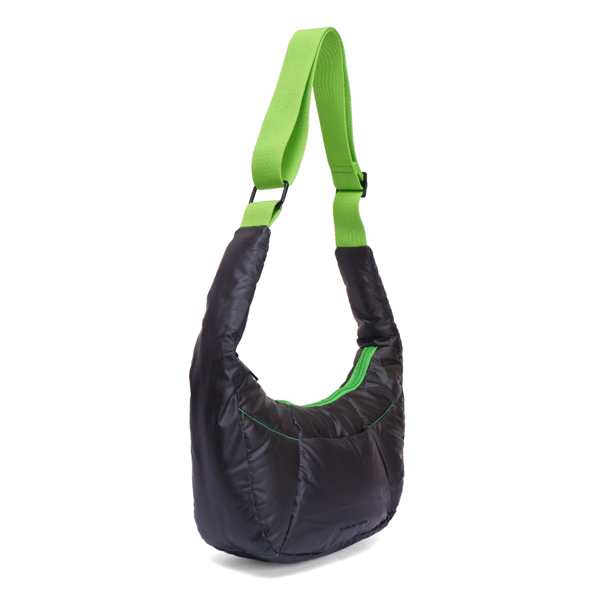 Black shoulder bag with green straps on a white background