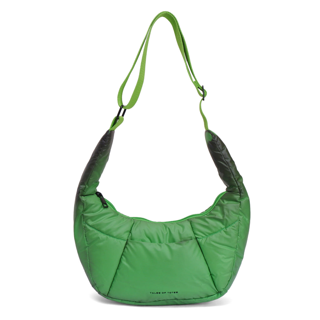 Green shoulder bag with black accents on a white background