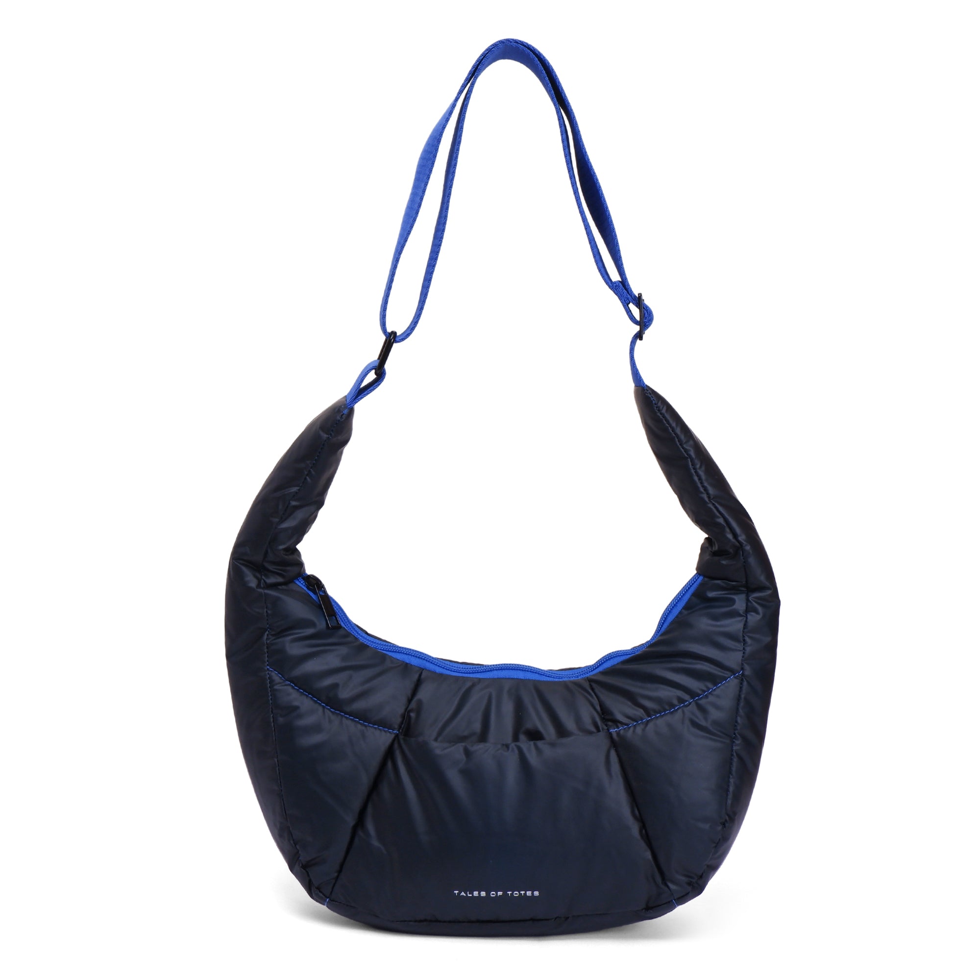 Navy blue handbag with a blue strap on a white background