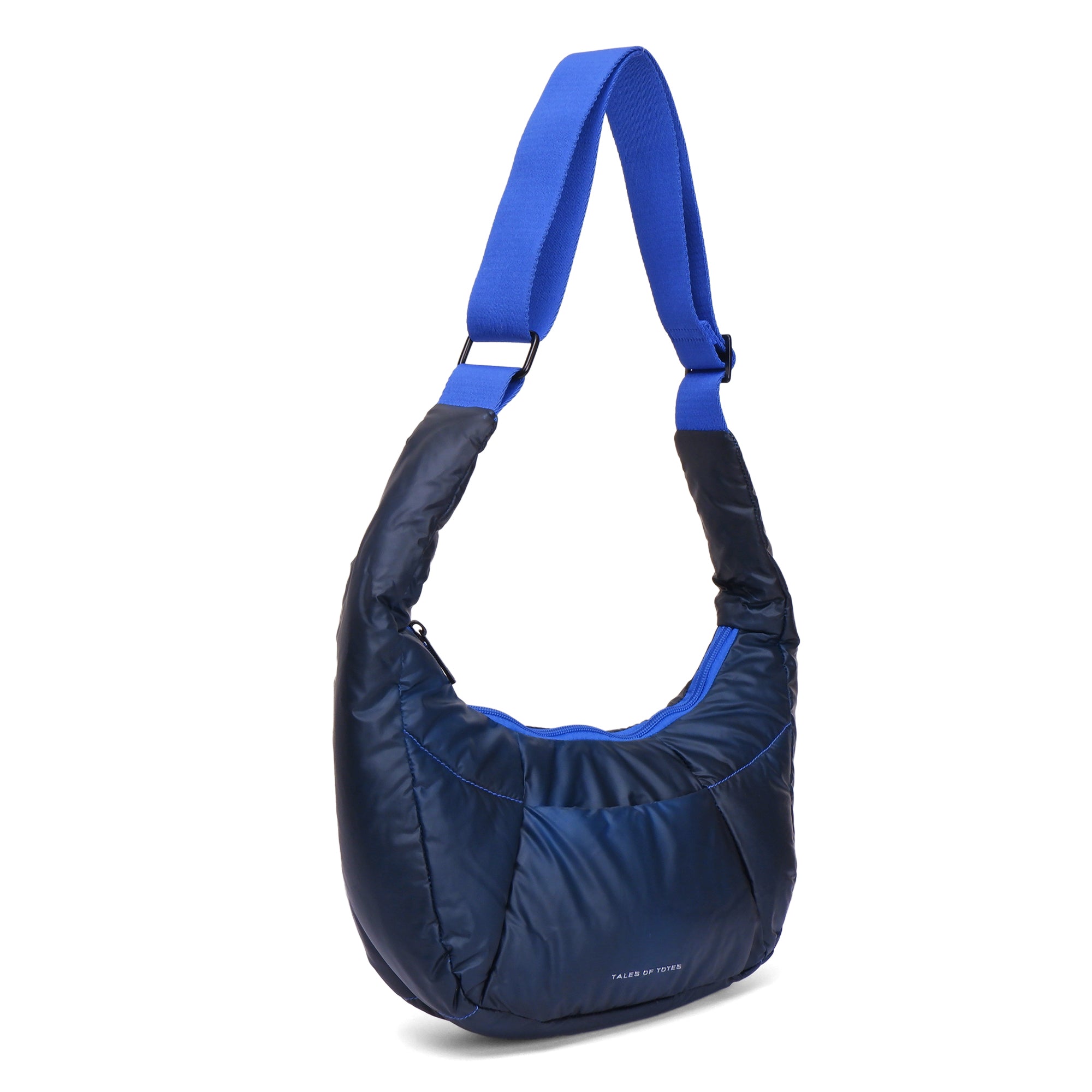 Blue shoulder bag with a white background