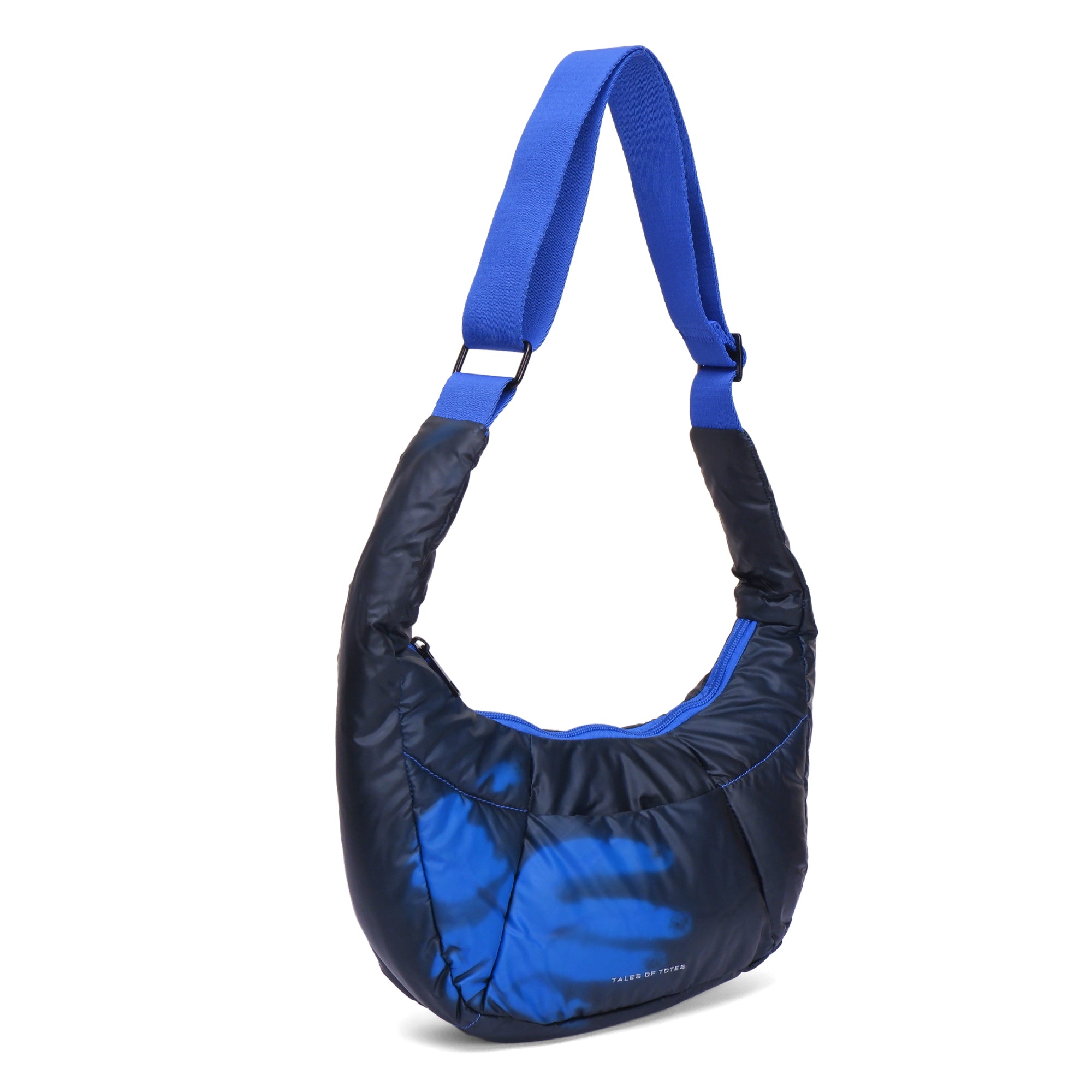 Blue and black shoulder bag on a white background