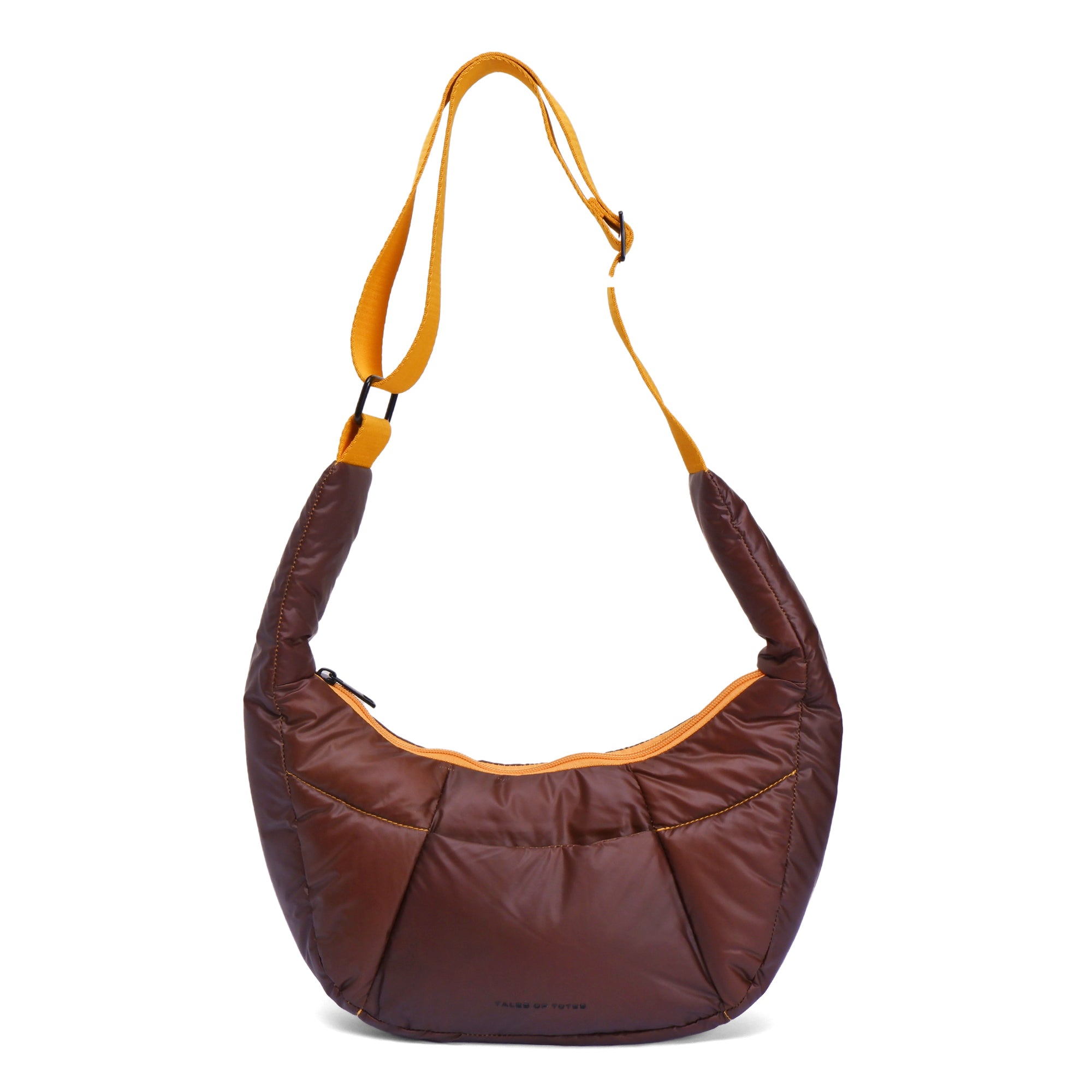 Brown shoulder bag with yellow strap on a white background