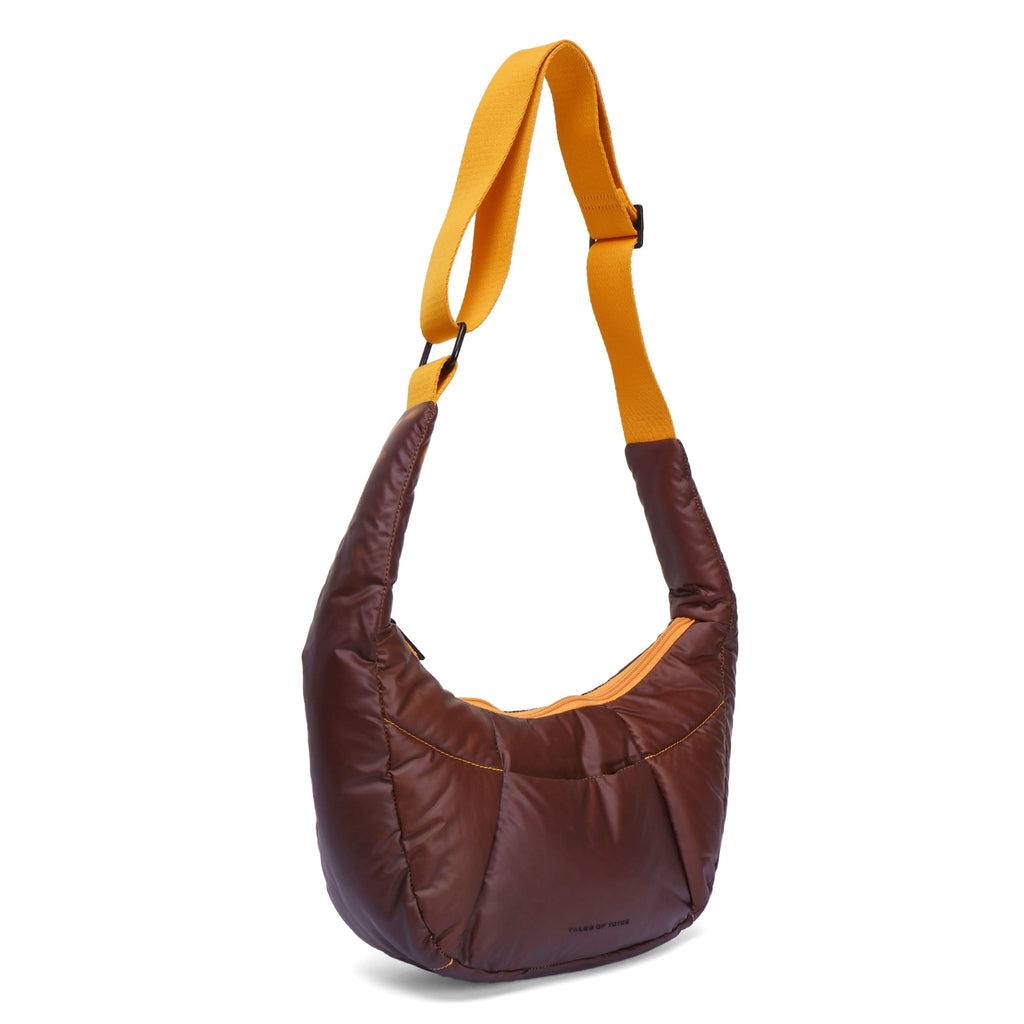 Brown shoulder bag with yellow strap on a white background